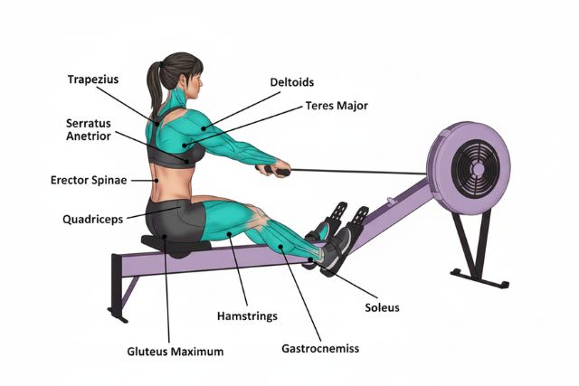 what muscles does a rowing machine work​